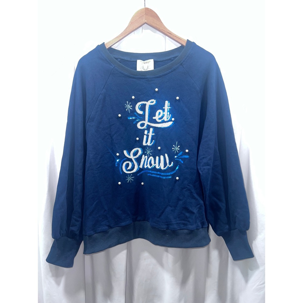 Fantastic Fawn Let It Snow Sequin Pearl Navy Blue Holiday Sweatshirt S Grandma